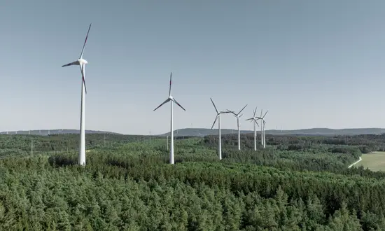 Mehrere Windräder in einer bewaldeten Landschaft unter blauem Himmel.