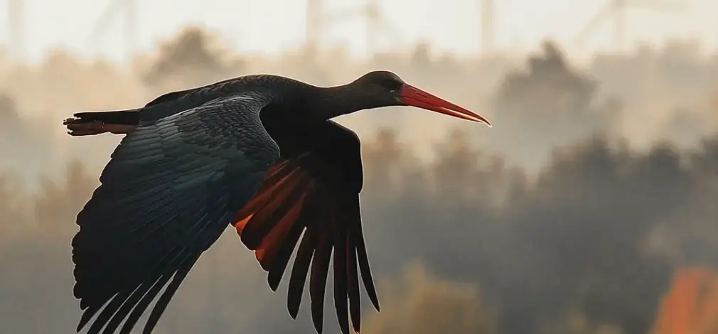 Schwarzer Storch fliegt im Vordergrund, im Hintergrund Windräder und Bäume bei Sonnenaufgang.