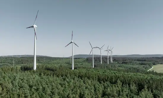 Die Windkraftanlage im Wald: Standortwahl und ihre Auswirkungen Mehrere Windräder in einer bewaldeten Landschaft unter blauem Himmel.