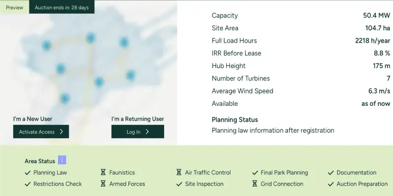 Caeli Marketplace detail page with pre-checked land information for a specific wind site.