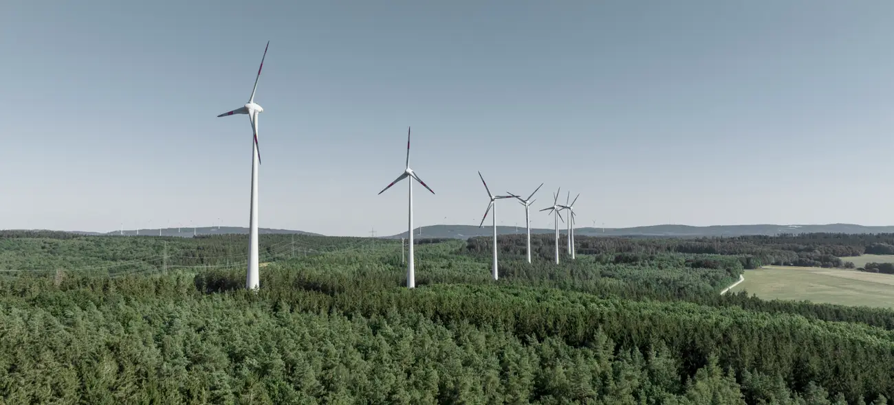 Mehrere Windräder in einer bewaldeten Landschaft unter blauem Himmel.