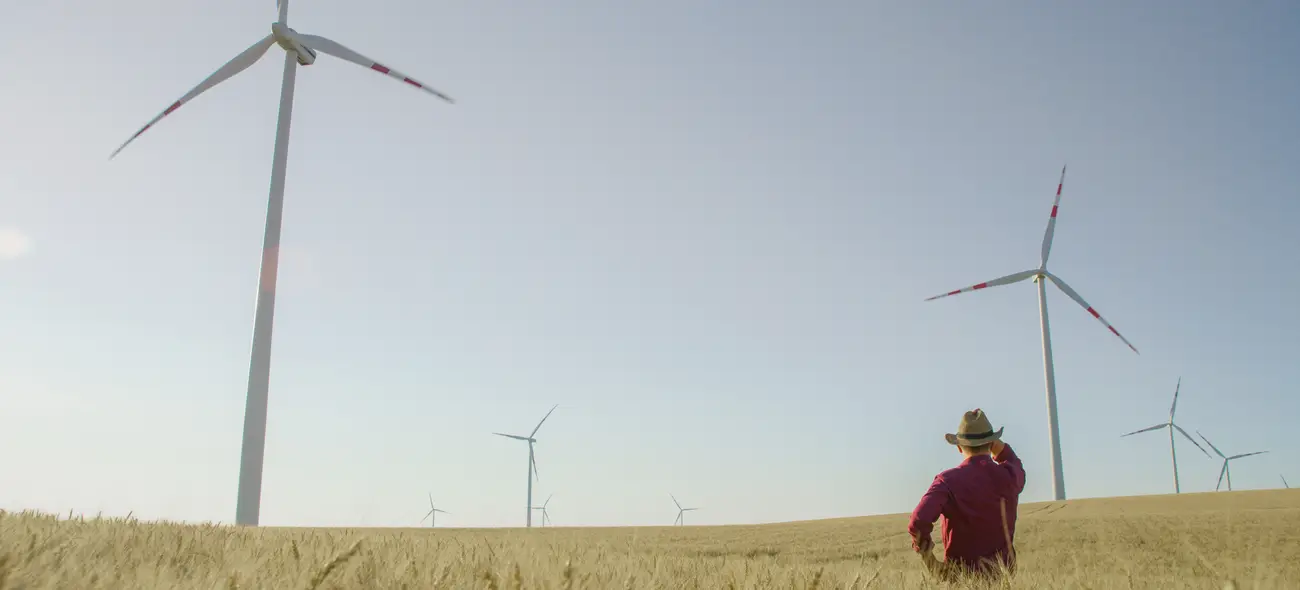 Person mit rotem Hemd und Hut steht auf einem Feld und blickt auf Windräder in der Nähe.