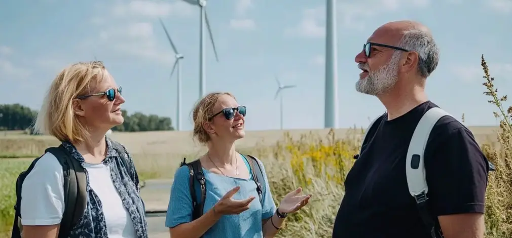 Mehrere Personen stehen auf einem Feld mit Windrädern im Hintergrund und sprechen miteinander.