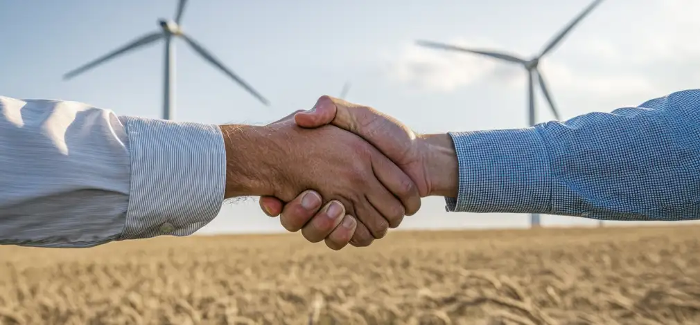 Zwei Personen geben sich die Hand, nachdem ein Acker für Windkraft verpachtet wurde. Zwei Personen geben sich die Hand, nachdem ein Acker für Windkraft verpachtet wurde.