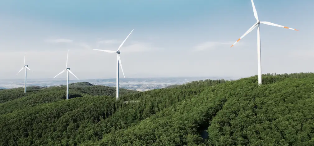 Vier moderne Windräder auf bewaldeten Hügeln unter blauem Himmel.