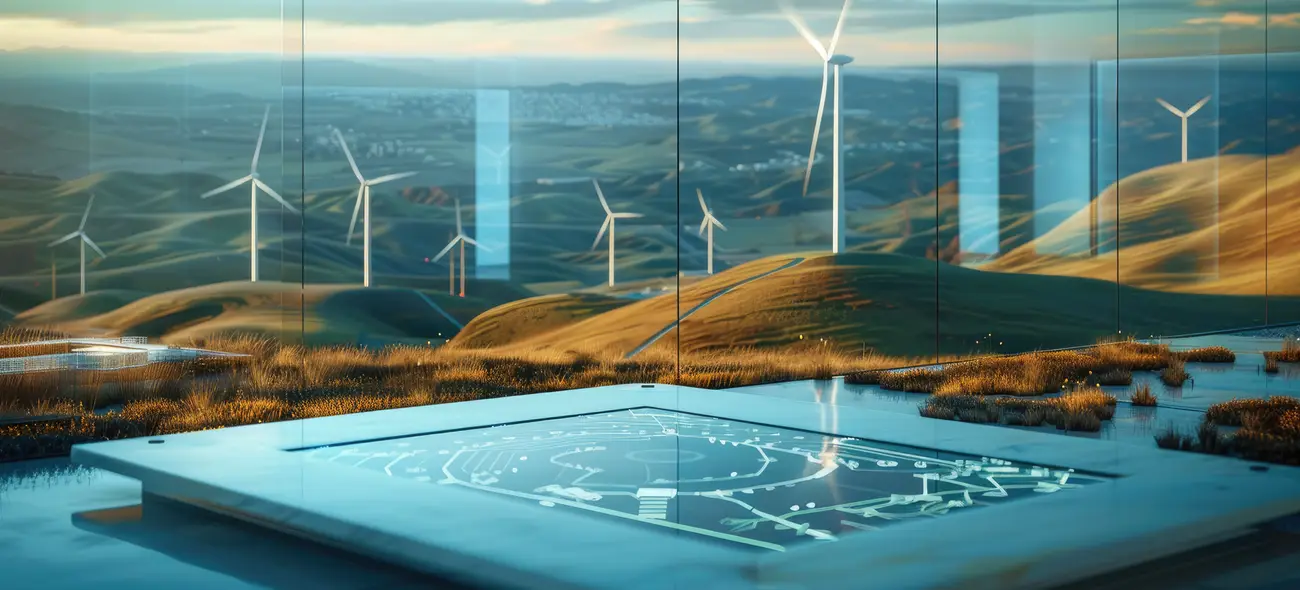 Strategic Wind Energy Investment: Project “Everest” Digitale Visualisierung eines Windparks in hügeliger Landschaft, vorne ein Display mit Planungsdaten.