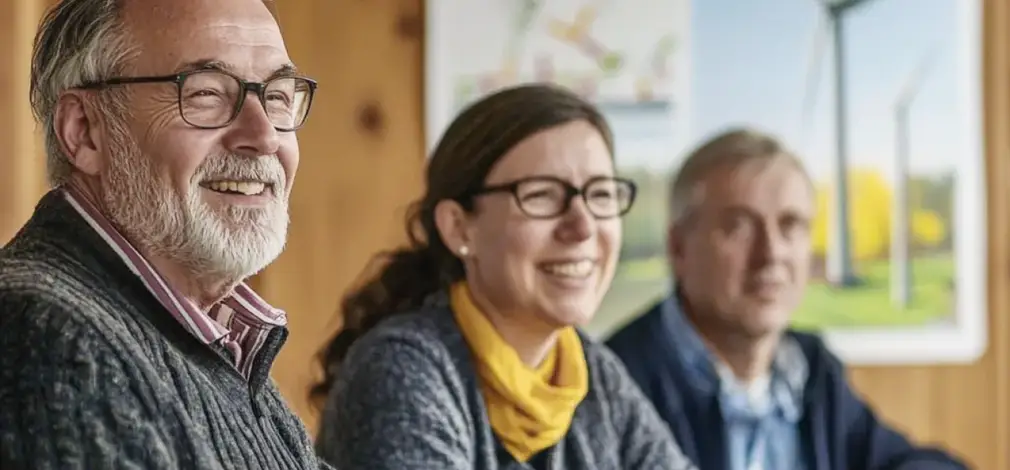 Gruppe von Personen sitzt am Tisch, unterhält sich, Windräder auf einem Plakat im Hintergrund.