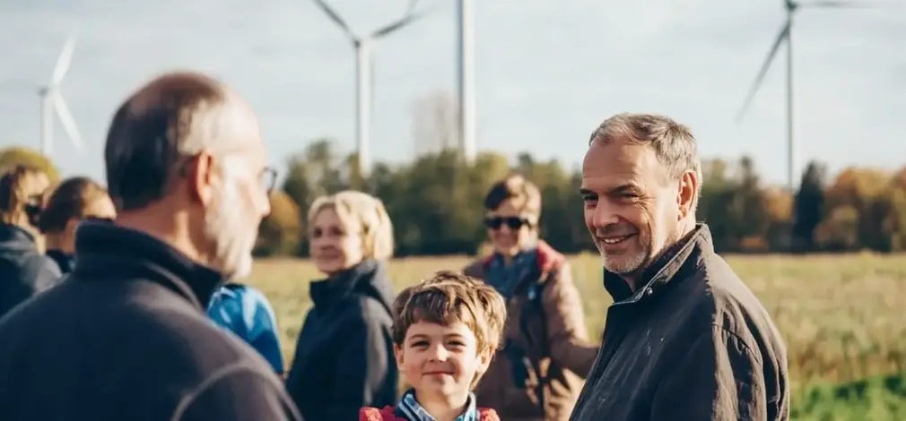 Gruppe von Personen, darunter ein Kind, besichtigt einen Windpark, im Hintergrund Windräder.