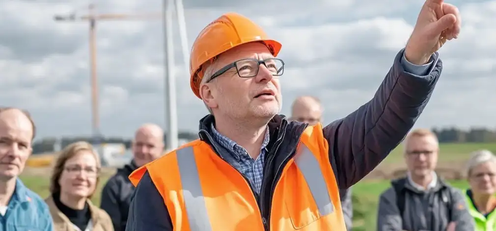 Mann in Warnweste zeigt auf Windräder in der Ferne und informiert eine Personengruppe. Mann in Warnweste zeigt auf Windräder in der Ferne und informiert eine Personengruppe.