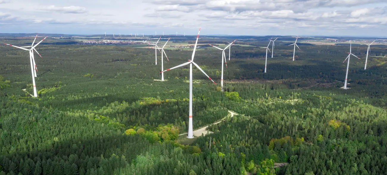 Windpark in einer bewaldeten Landschaft, Windräder ragen über die Baumwipfel.